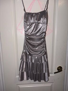 Ruby Rox Silver Satin Tiered Mini Dress